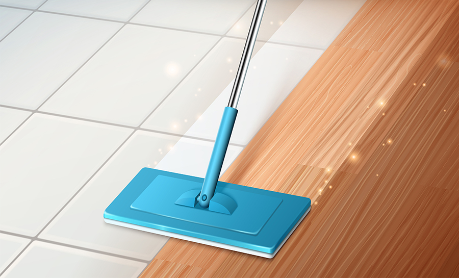 Home interior background of mop cleaning hardwood and tile floor in 3d illustration. Concept of effective cleaning and disinfection. tile and laminate flooring