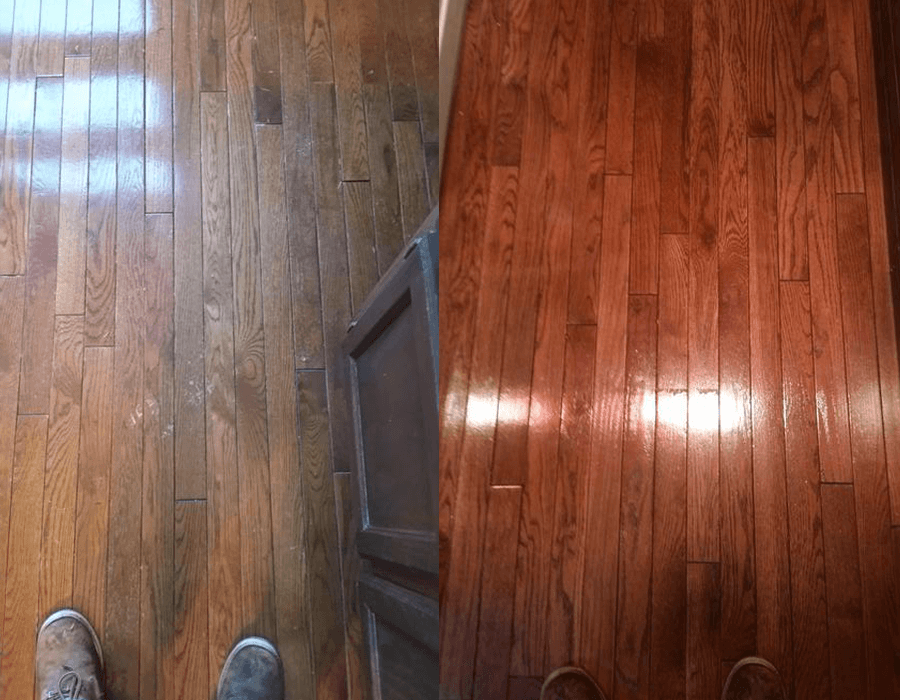 Sho-Me Clean Carpet Cleaning - hardwood floor refurbishing before and after - Branson, MO