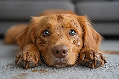 Sho-Me Carpet Cleaning—A dog with muddy paws has made a mess on the carpet in a home in Branson, MO.