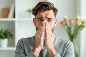 Sho-Me Clean Carpet Cleaning—A young man blowing his nose with a tissue inside his home in Branson, MO during allergy season.