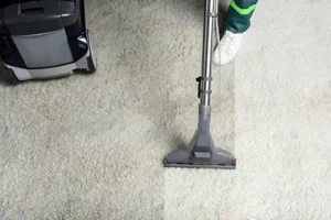 Sho-Me Carpet Cleaning – A close-up view of a white carpet shows one section still dirty while another section is being cleaned and restored to its bright white color using a carpet cleaner.